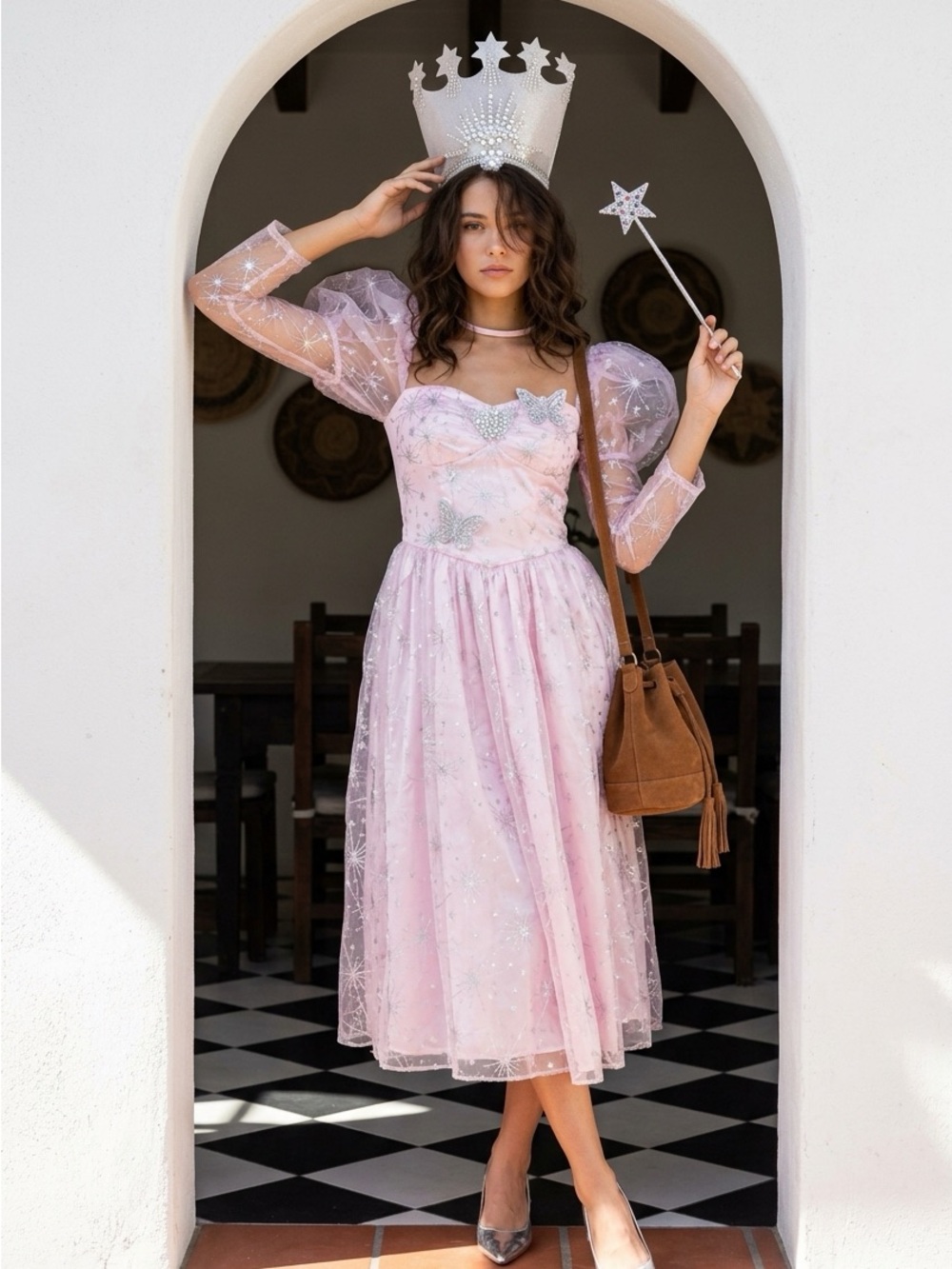 Girls Pink Tulle Princess Gown with Puff Sleeves